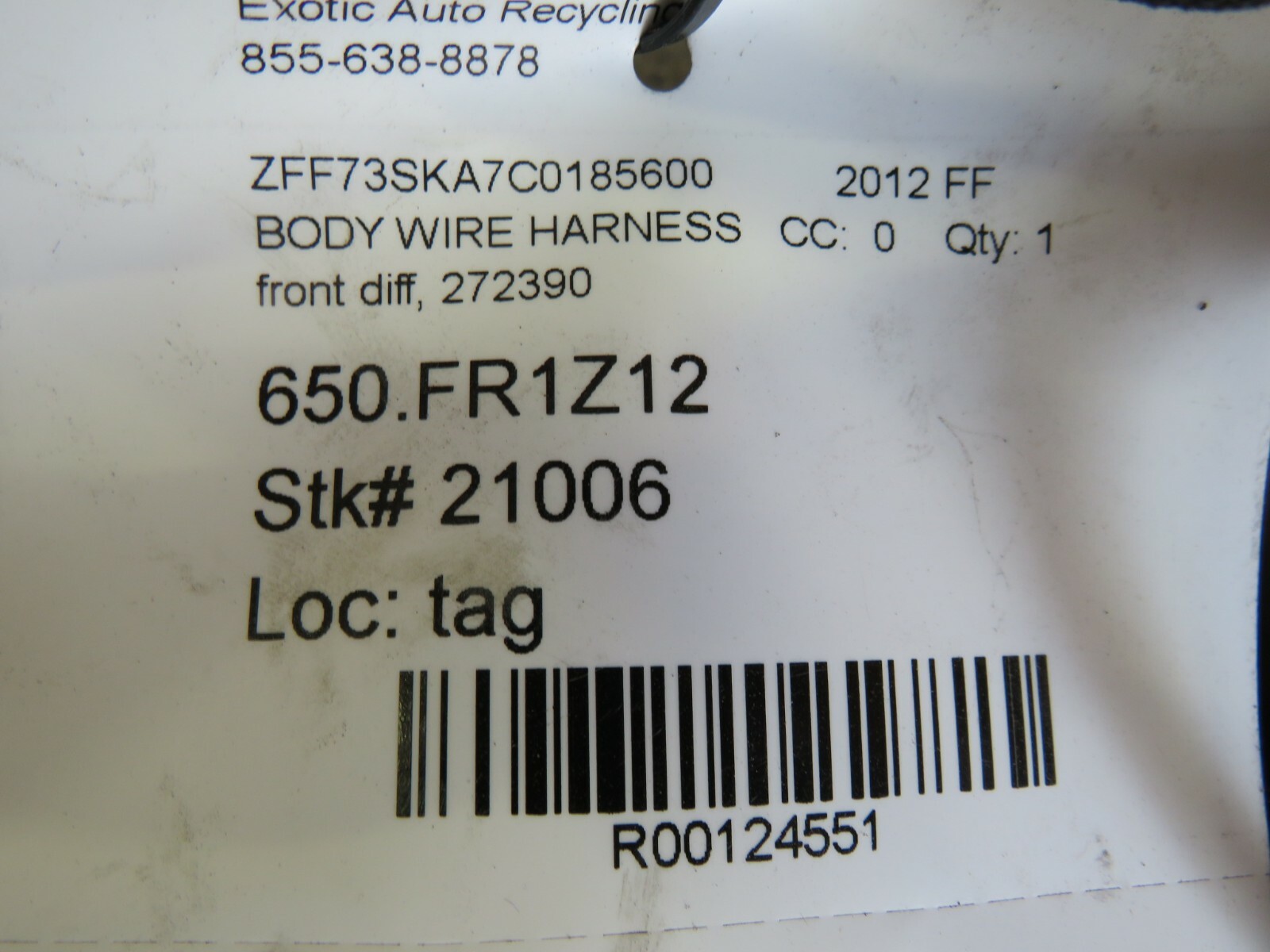 Ferrari FF, Front Differential PTU, Wire Harness, Used, P/N 272390