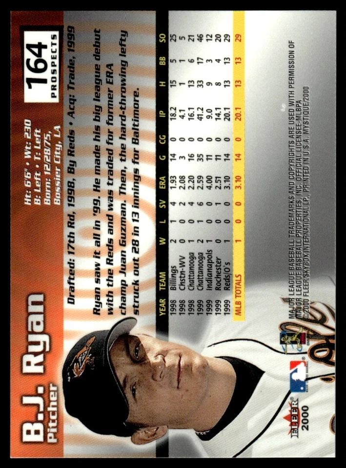 2000 Fleer Mystique B.J. Ryan 5458/2000 Baltimore Orioles #164 - Image 2 of 2
