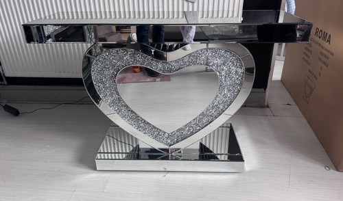 Crushed Diamond Mirrored Led Heart Shaped Console Table in Silver - Picture 9 of 9