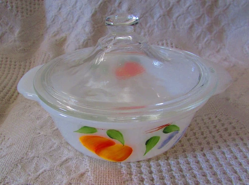 Vintage Anchor Hocking Fire King Peach Blossom Bowl With Lid, 1 Pt. Milk Glass