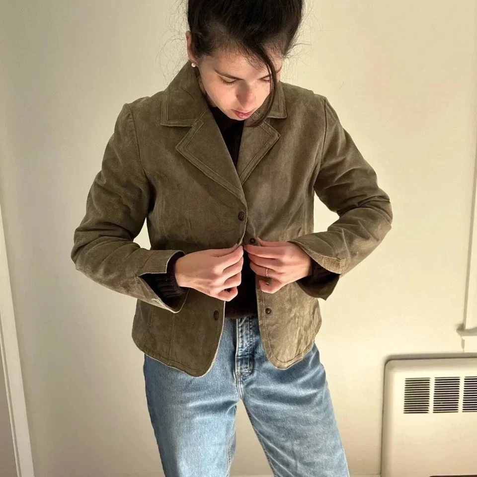 Chaqueta blazer vintage 100 % cuero gamuza verde oliva botón a presión talla L Foto 3 de 4