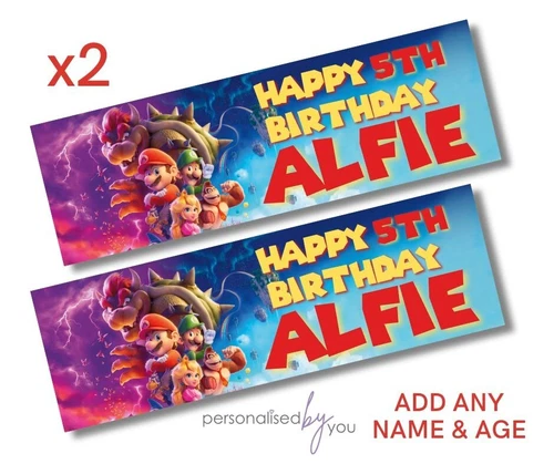 2x Personalised BIRTHDAY BANNERS Mario Theme Birthday Banner LARGE Party Poster