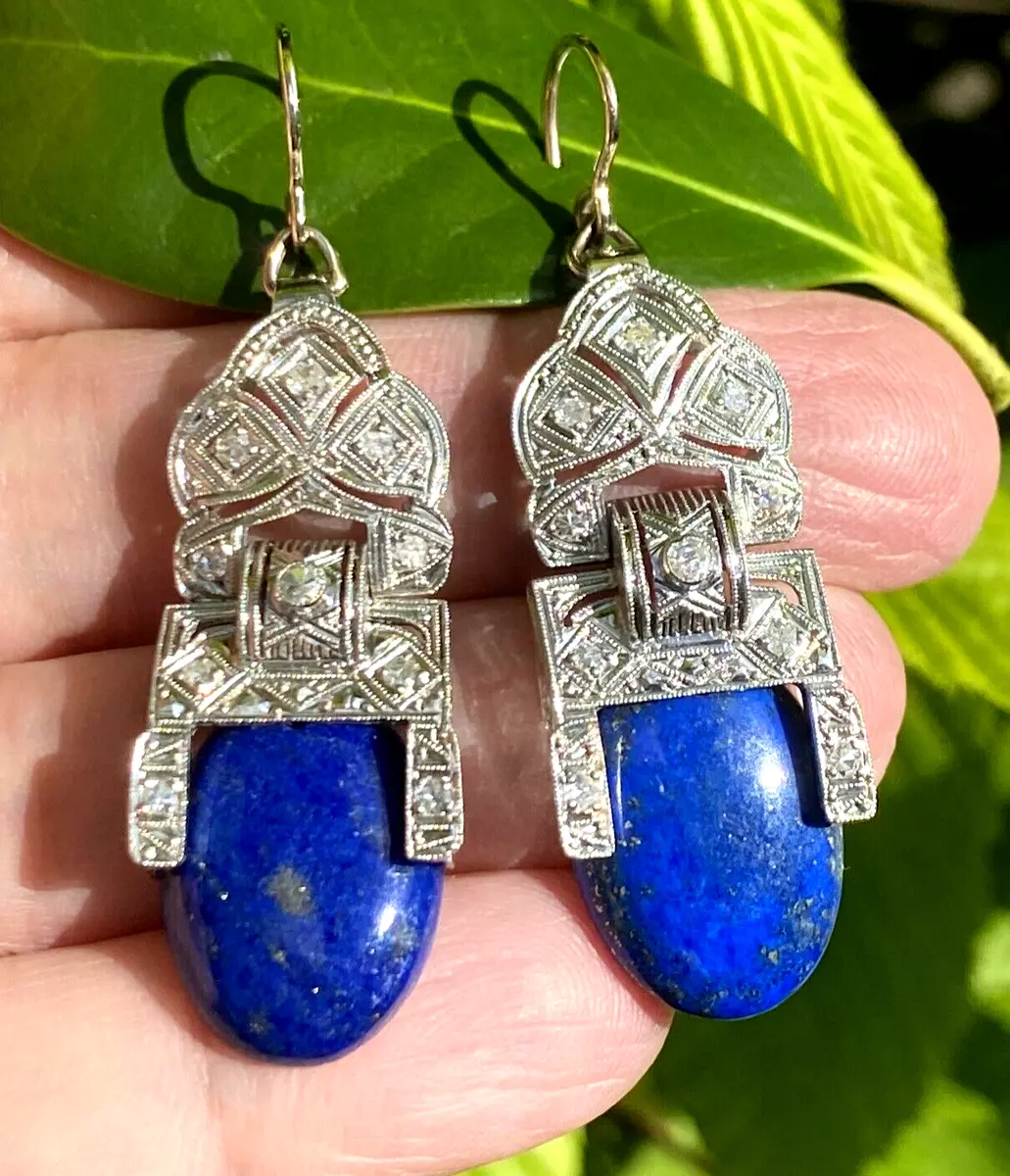 Art Deco Lapis Lazuli Diamond Platinum 18K White Gold Torpedo