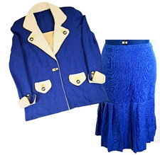 Vintage Chez Modes Knit Suit Set Women's M Royal Blue Blouse & Skirt Made in USA