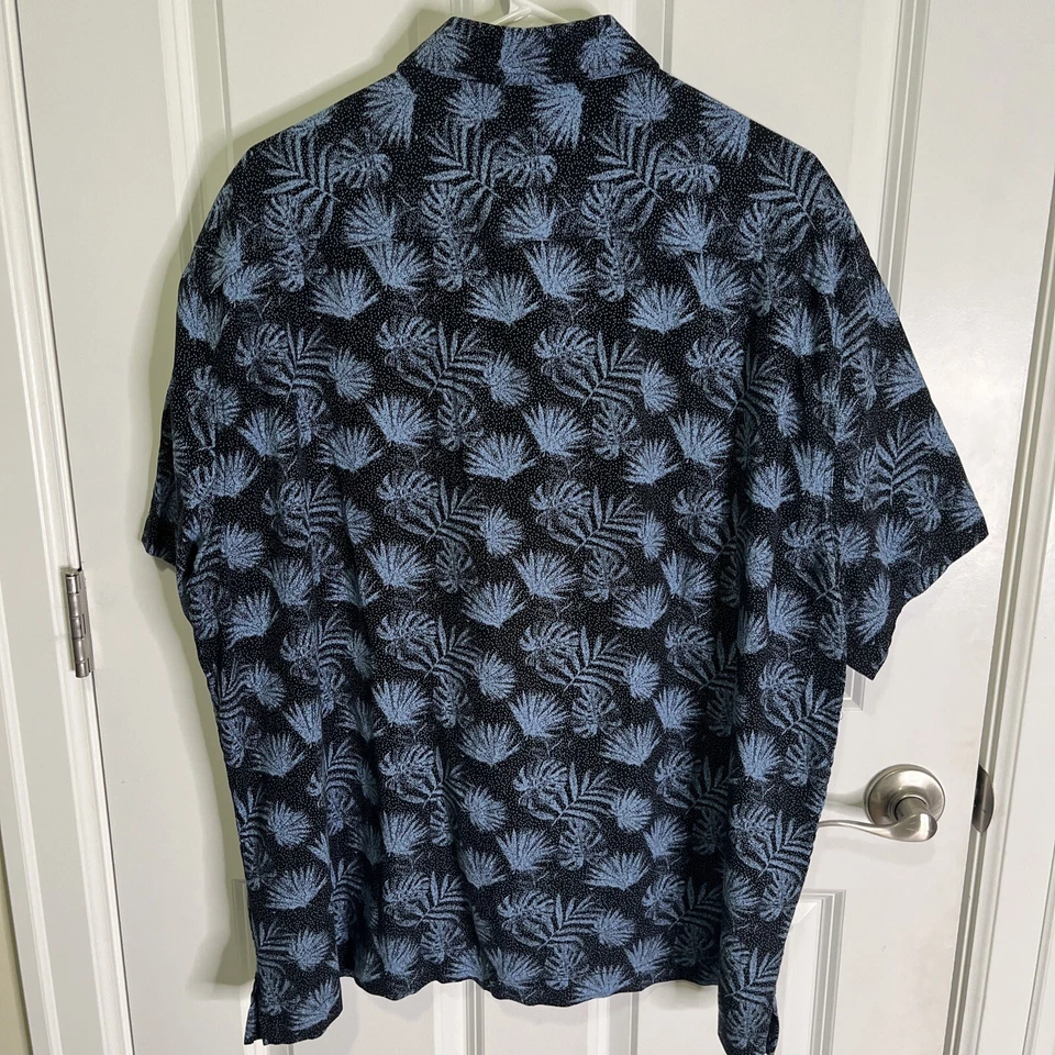 Men's Nat Nast Sz XL Palm Leaf Print Silk Blend Hawaiian Camp Shirt Black Blue - Image 3 of 3