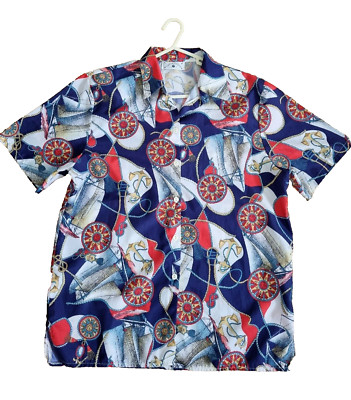 Vintage Women Shirt Top Anker Ship Marin Pattern Compass Blue Red 70s 80s Retro