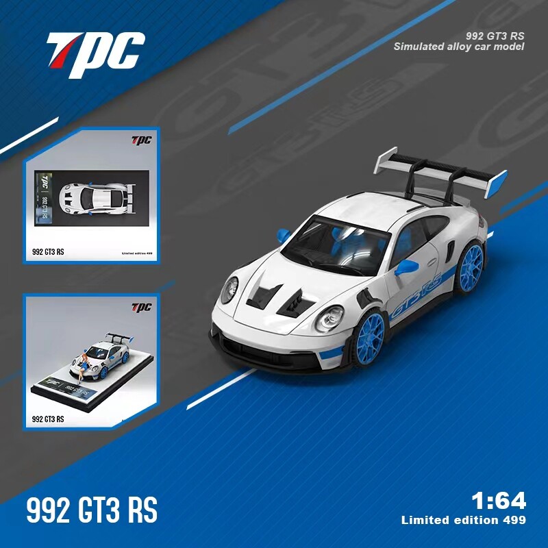 TPC 1:64 Model Car Porsche 911 992 GT3 RS Alloy Diecast Sport Vehicle Blue White