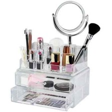 Clear Makeup Organizer with Vanity Mirror, 15 Compartments  2 Drawers