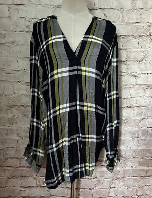 SOHO New York & Co Navy Blue Plaid Popover Shirt Roll Tab Sleeve V Neck Size L