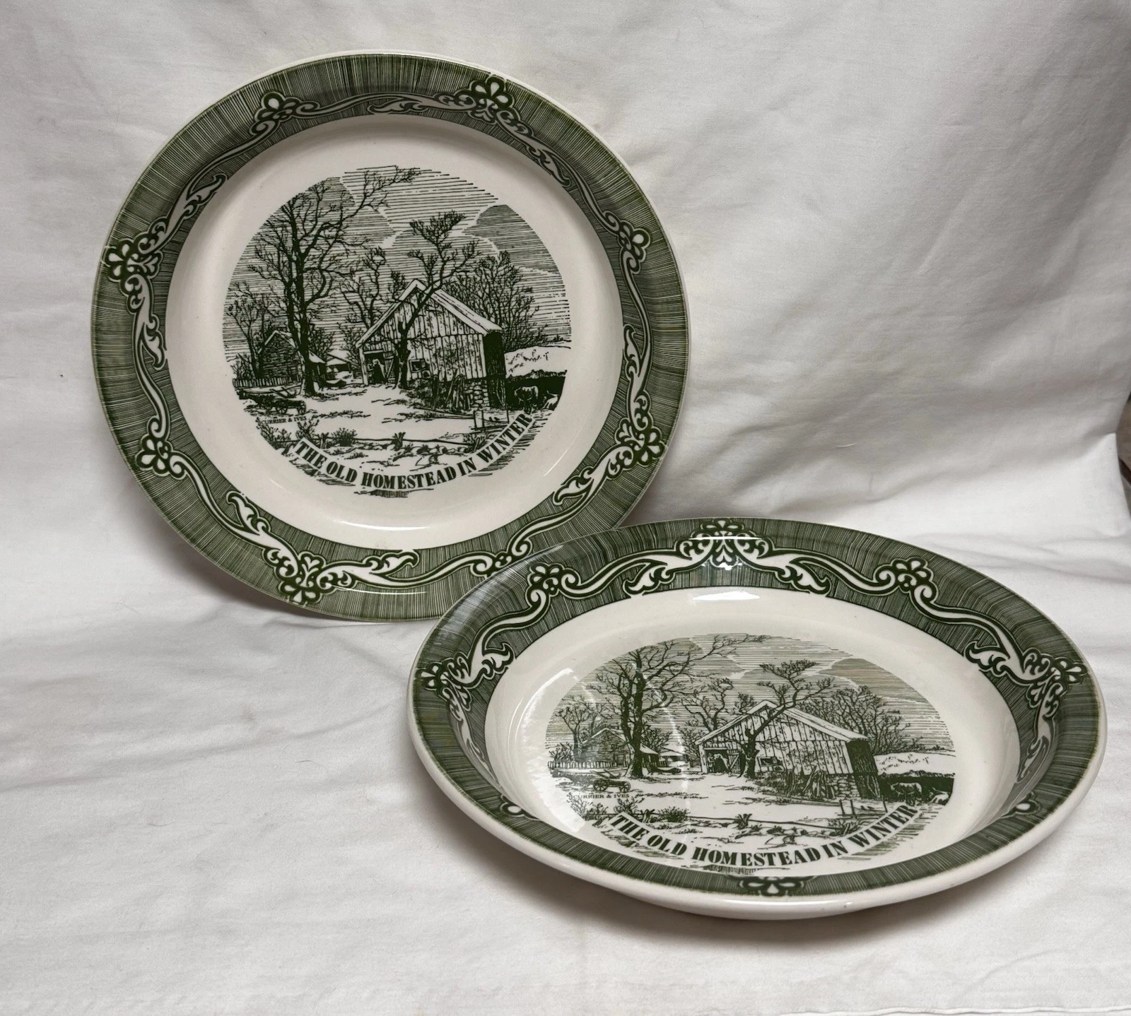 VTG Currier & Ives Green Old Homestead in Winter 10" Pie Plates Dishes Lot of 2