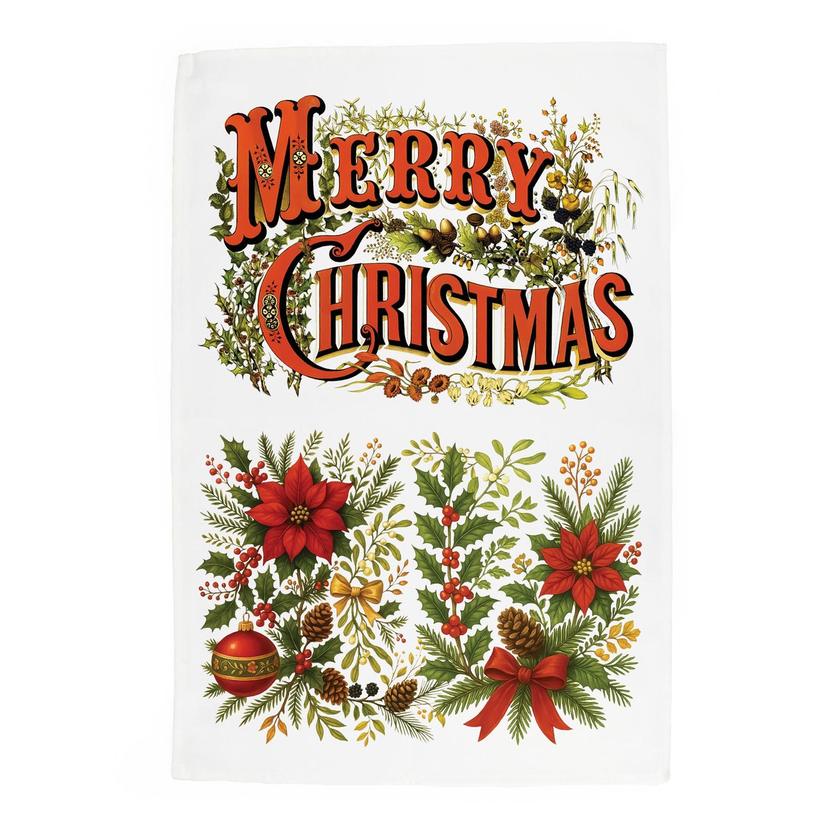 Merry Christmas Tea Towel - Traditional Xmas Kitchen Gifts - Cotton Dish Towel