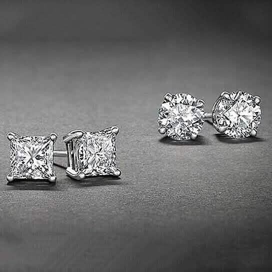 2-Pairs: White Gold High Polish Finish Stud Earrings Cubic Zirconia Round and