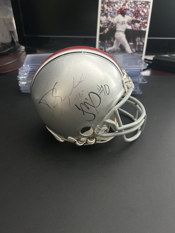 Mini Ohio State Football Helmet Signed by Troy Smith and Dane Sanzenbacher Auto