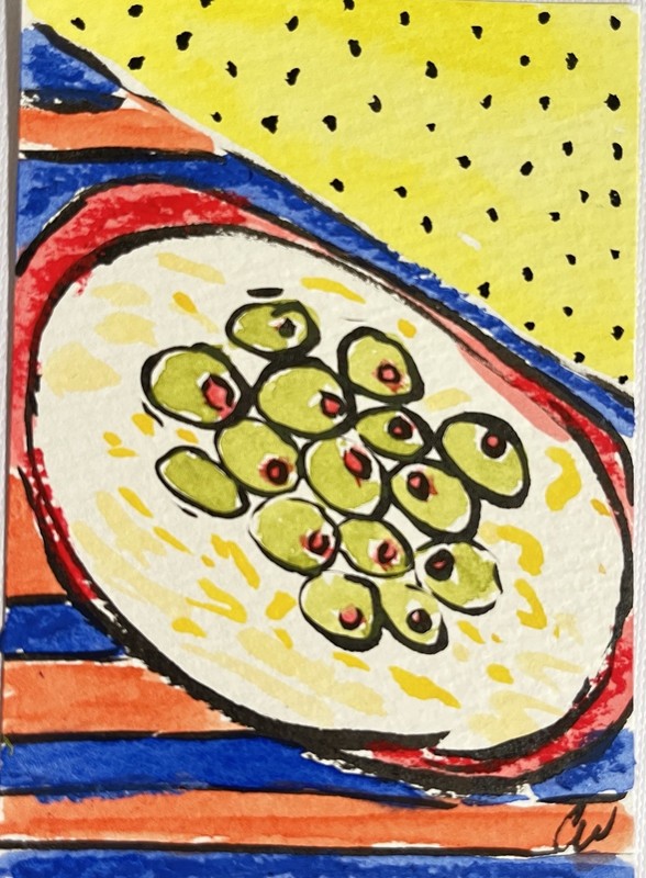 ACEO Art Card Plate Of olives, Watercolor, Ink & Oil Pastel. Signed