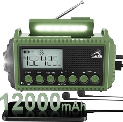 ROCAM Notfallradio Solar & Kurbel 12000mAh Powerbank AM/FM/SW SOS Taschenlampe IPX6