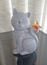 New Outdoor Garden Yard Lawn Cat Statue Decoration w/ Solar Lighted Butterfly...