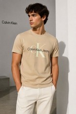 CALVIN KLEIN Men's  Seasonal MONOLOGO Crewneck T-Shirt Beige Casual BNWT
