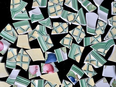 Broken China Mosaic Tiles YELLOW & GREEN with Colorful Fruit 80+ Pieces set a