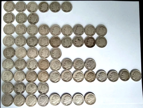 64 Circulated Uncertified Mixed 1950s Roosevelt Dimes 90% Silver Estate Find S10