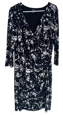Chaps Womens Faux Wrap Surplice Dress Sz XL Black White Floral Career Work