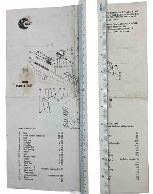 1979 Arcadia Machine & Tool .380 Gun Parts List Sheet AMD 1 Page | eBay