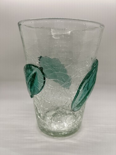 Antique/Vintage Flip Blenko Crackle Glass Vase Green Applied Green Leaves - 7” - Picture 4 of 17