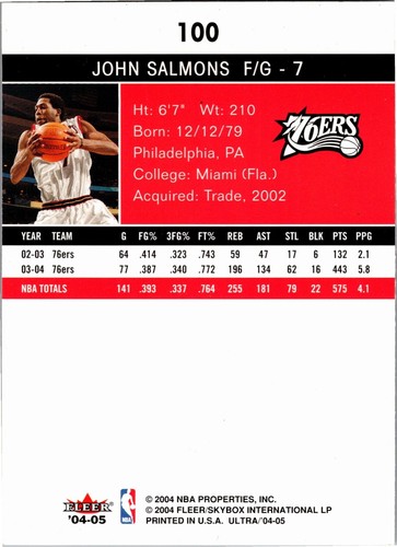 2004-05 Fleer Ultra John Salmons Philadelphia 76ers #100 - Picture 2 of 2