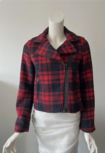 Gap Red Black Buffalo Plaid Wool Polyester Zip Front Moto Biker Jacket S - Picture 4 of 10