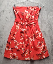 Express Dress Womens 6 Red Orange Floral Lined Pleated Belted Party Cocktail