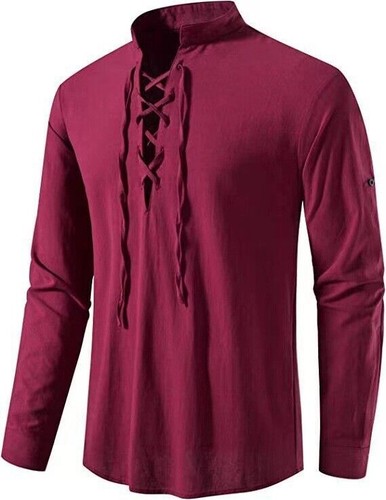 Mens Medieval Lace Up T Shirt Gothic Renaissance Pirate Cosplay Costume Retro - Picture 17 of 18