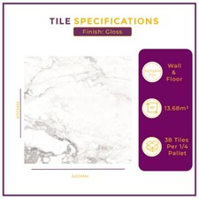 White Marble Tile Rectified Porcelain Wall Floor Tile Gloss Finish 3 Sizes