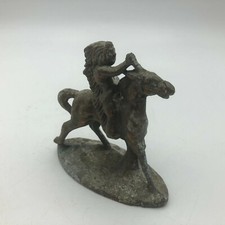 Indian Chief Figurine Toy Full Headdress Horse Metal 3.5" Tall Vintage ROUGH BAD