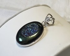 Sterling Silver Oval Druzy Quartz Pendant, Purple And Green, Ornate Bail, 11 Gr.
