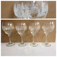 Arby's Wine Water Goblets Christmas Winter Scene Snow Trees Set of 4 Libbey