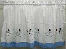 Downhill Snowmen Embroidered Tier Pair 56Wx24L Cafe Curtain White Blue Snowman