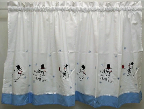 Downhill Snowmen Embroidered Tier Pair 56Wx24L Cafe Curtain White Blue Snowman