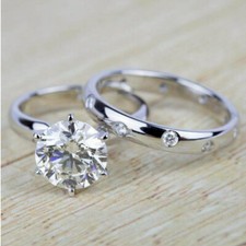 Round Cut Cubic Zirconia Wedding Engagement Ring Set In 925 Sterling Silver