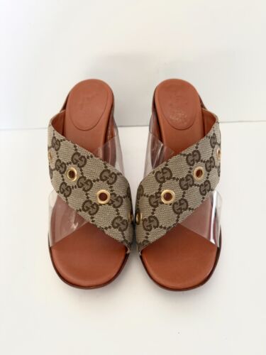 Gucci Leather GG Canvas PVC Criss Cross Strappy Heel Sandals Y2K Vintage Mules