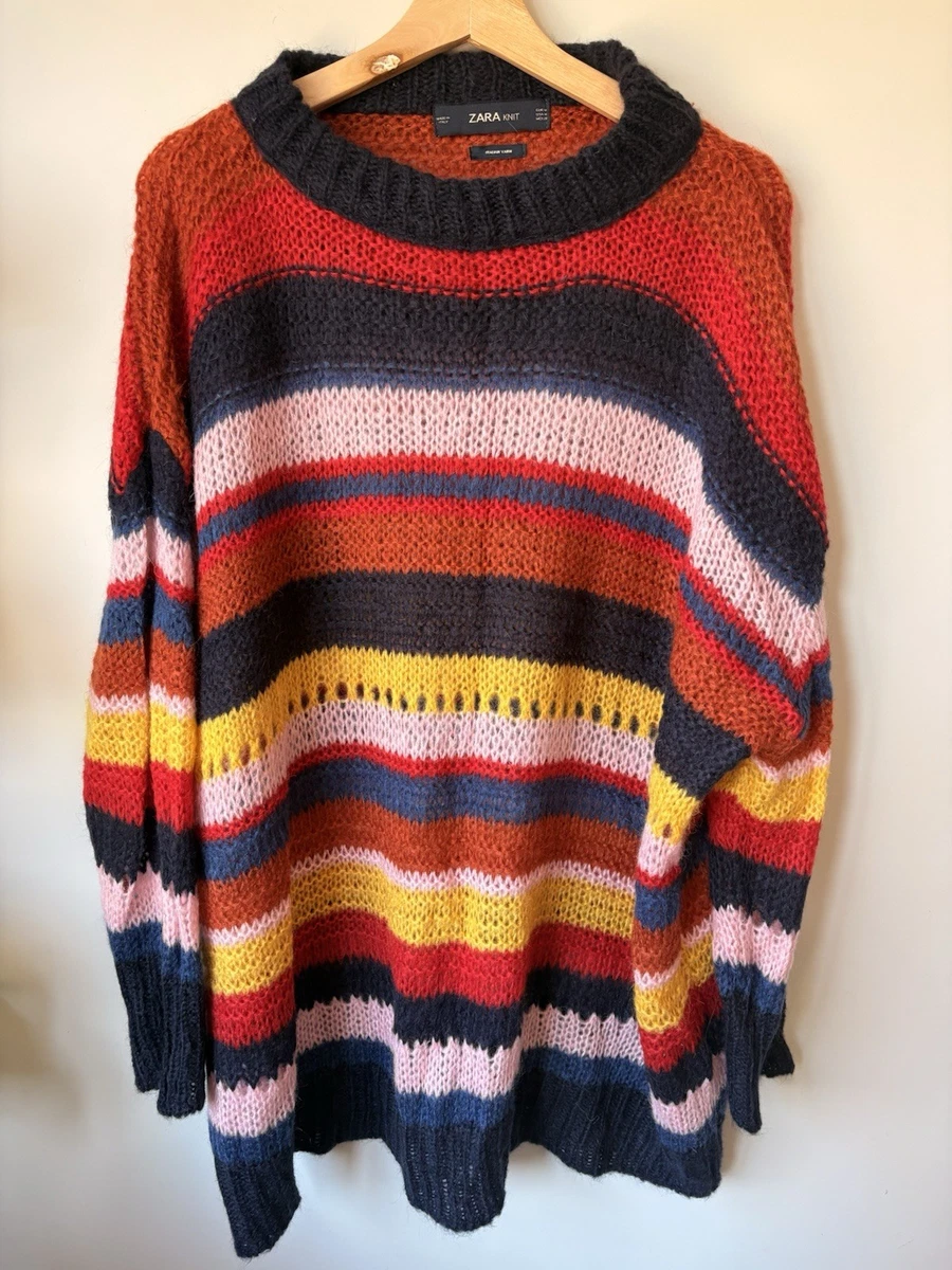 ZARA Multicoloured Striped Open-Knit Crew Neck Long Sleeve Jumper Size M
