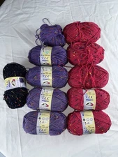 Lot Of Coats & Clark TLC Wiggles Variegated Yarn, 10 Skeins Cherry, Grape, Navy