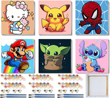 6 Pack Cartoon Paint by Number for Kids with Frame Canvas Easy Paint by Numbers