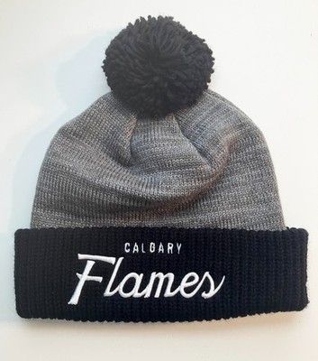 Calgary Flames Hockey Black/ Grey Cuffed Knit Hat Sample with Pom
