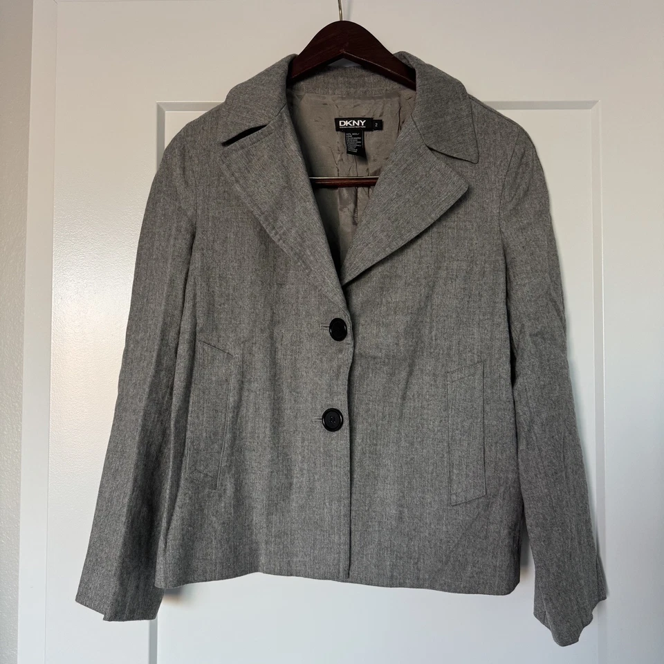 Chaqueta Blazer DKNY Para Mujer Lana Mezcla Cachemira Recortada Gris Talla 2 Carrera Oficina Foto 2 de 4