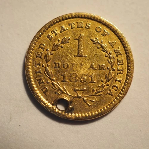 1851  $1 DOLLAR LIBERTY HEAD TYPE 1 GOLD COIN **DAMAGED** FREE SHIPPING! C1692