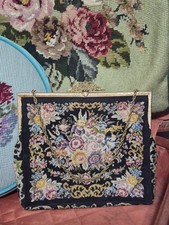 Vintage Walborg Black  Multicolor Floral Tapestry Petit Point Handbag Purse