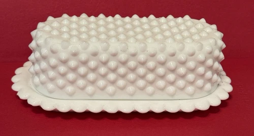 Vintage Fenton Hobnail Milk Glass Covered Butter Dish Scalloped Edge 2nd