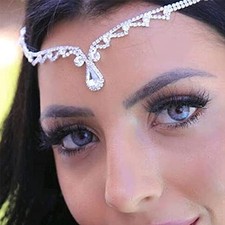 Women Bridal Rhinestone Gold Forehead Head Chain Clip Headband Boho Silver
