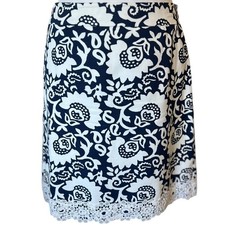 Talbots Navy White Woodblock Floral Stretch Cotton Canvas Skirt Lace Trim 8P