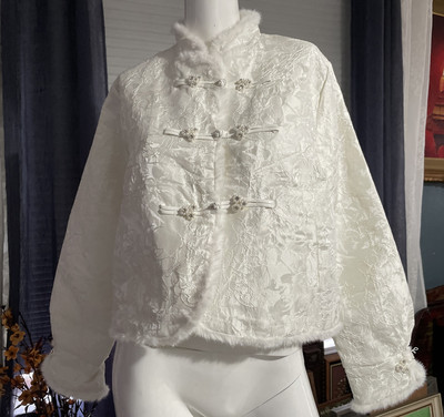 YIMI Blazer Top Womens White Bling Asian Retro Pockets NWT