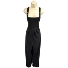 HALARA Black Textured Overall Jumpsuit Wide Leg Pockets Button Detail Size S